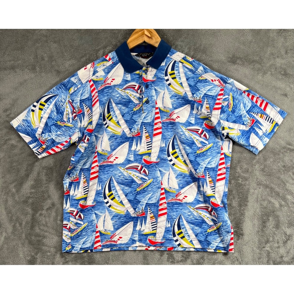 Paul Shark Yachting Polo Shirt Mens Medium AOP Boat Print Made in Italy Vintage